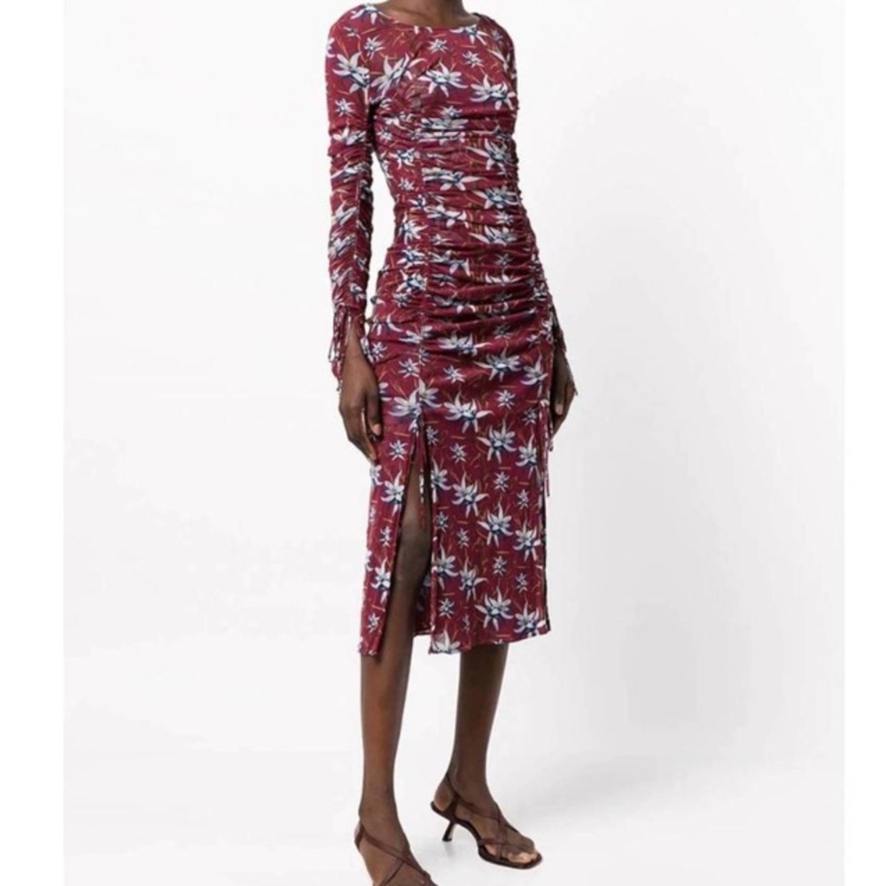 NEW DIANE VON FURSTENBERG corinne mesh ruched midi dress in harlow wine Large - Picture 2 of 11